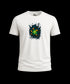White t-shirt with a colorful abstract design on a white background